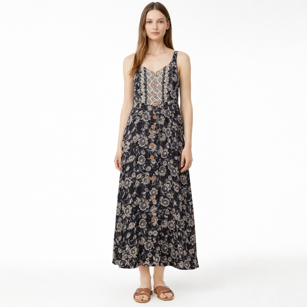 Nwot Angie Boho Floral Maxi Dress Tie Back Navy Blue Cream Button Detail S